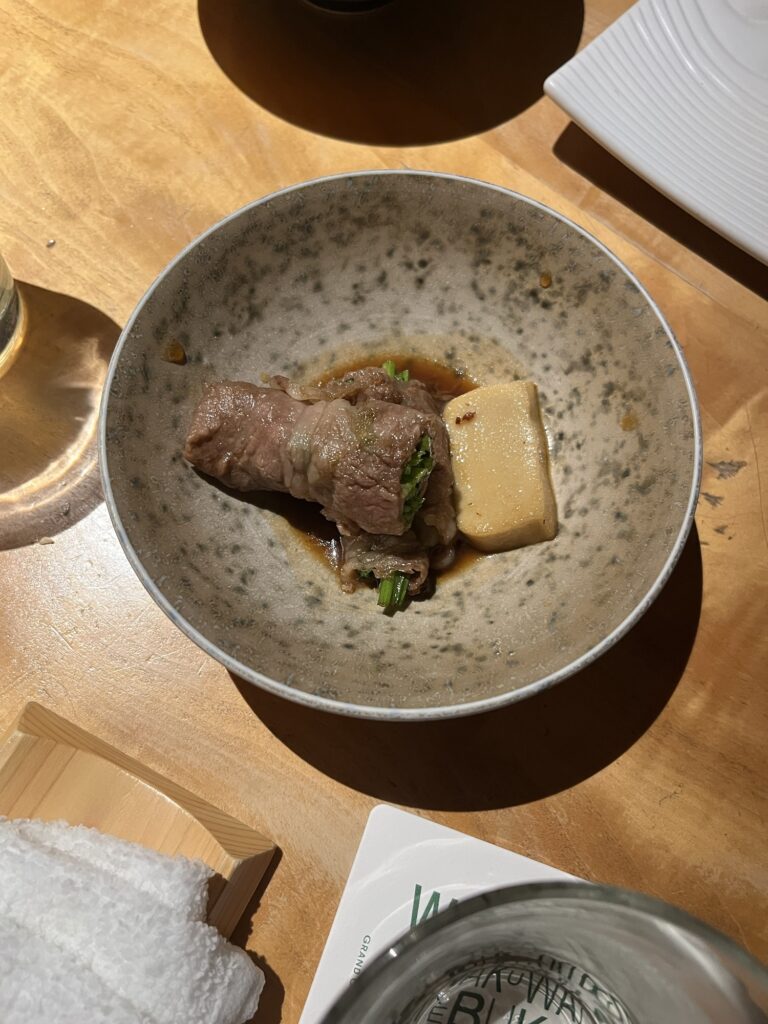 Beef sushi Restaurant KINTAN wagyu and vegetable sukiyaki roll