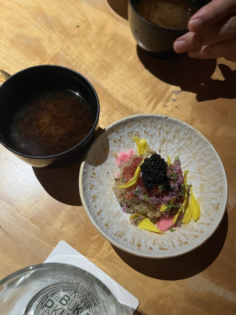 Beef sushi Restaurant KINTAN caviar and chirashi bowl with red dashi soup